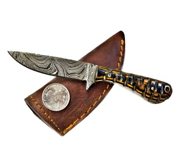 Titan International Knives Neck Style Damascus Knife 3in Blade Diamond Wood Handle 6.5in Overall - Titan International Knives