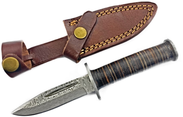 Titan International Knives  Military Style Fixed Blade Knives 4in High Carbon Damascus Steel Cliff Point Titan Stacked Leather Handle - Titan International Knives