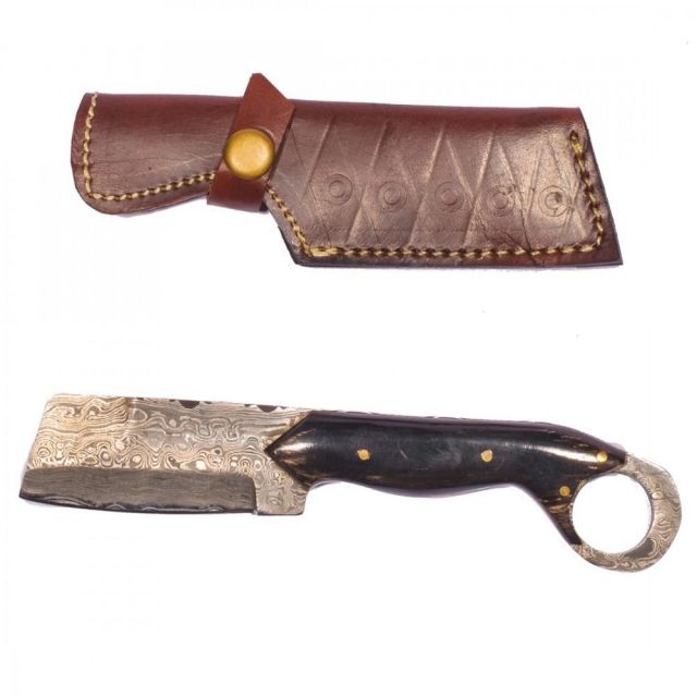 Titan Damascus Steel Cleaver Style Knife Bull Horn Handle 8in TD-019 - Titan International Knives