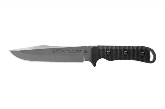 Tops Knives Apache Dawn Rockies Edition Fixed Blade Knife 6.75 in Tumble Blade Finish 1095 RC 56-58 Steel Black G10 Handle