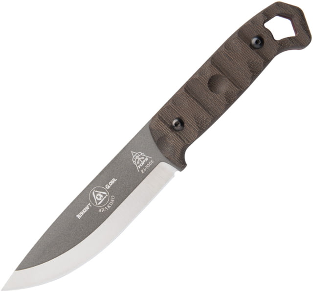 TOPS Knives Brakimo Tungsten Fixed Blade Knife 10in Overall 5.25in Gray Tungsten Cerakote 1095HC Steel Blade Green Canvas Micarta Handle Kydex Belt - Tops Knives