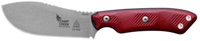 TOPS Knives Camp Creek Fire Edition Knifeby Leo Espinoza 9.38in Overall 4.5in Tumbled CPM S35VN Stainless Blade Red G10 Handle Leather Sheath