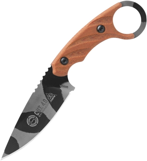 TOPS Knives CUT Combat Utility Tool Knife 8.5in Overall 4.25in Camo 1095Hc Steel Blade Tan Canvas Micarta Handle Finger Ring Dragonfly Tread Handle