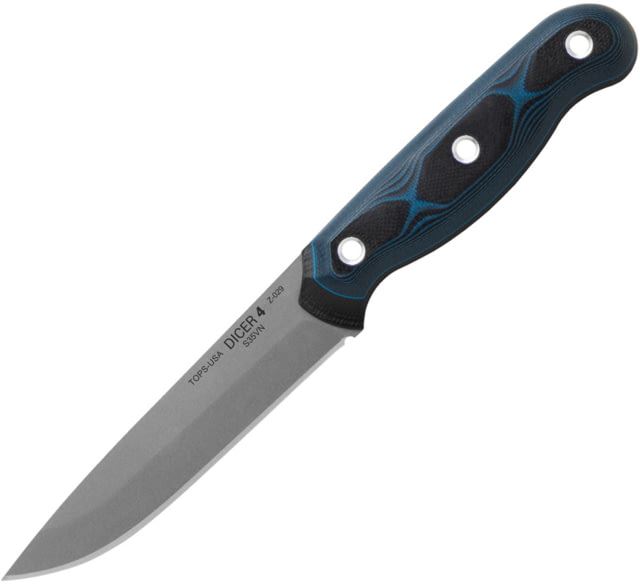 TOPS Knives Dicer Steak Knife 4.38" tumbled finish S35VN stainless blade Black and blue G10 handle
