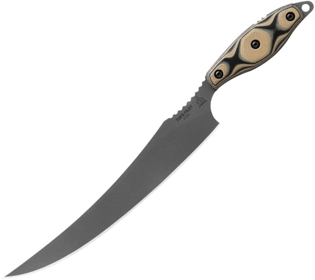 TOPS Knives Filet Knife 8" tumbled finish 154CM stainless fillet blade SureTouch black and tan G10 handle - Tops Knives