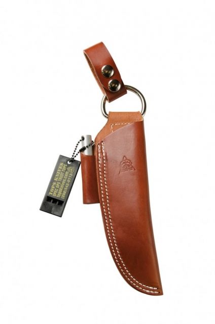 Tops Knives Leather Dangler-Style Sheath w/Firesteel and Survival Whistle Brown Left Hand - Tops Knives