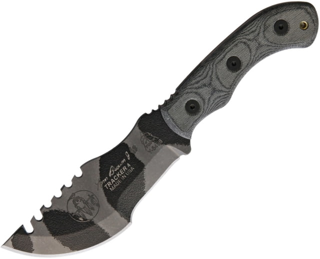 TOPS Knives Mini Tom Brown Tracker Knife 6.5in Overall 3.5in Camo Sawback 1095HC Blade Black Canvas Micarta Handle