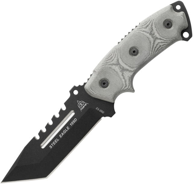 TOPS Knives Steel Eagle Tanto Saw Knife 9.75in Overall 5in Black Traction Coated Sawback 1095HC Steel Tanto Blade Black Linen Micarta Handle Black - Tops Knives