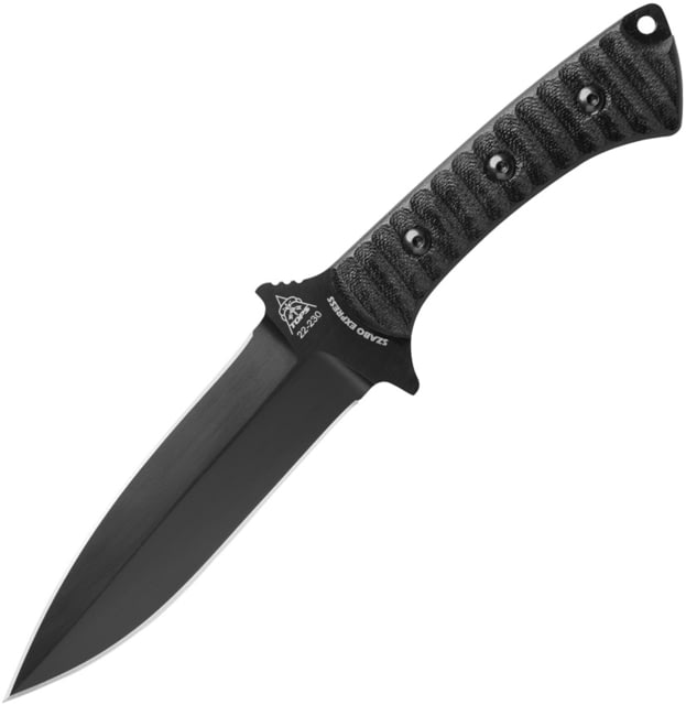 TOPS Knives Szabo Express Double Edge Knife by Laci Szabo 10.38in Overall 5.63in Black Cerakote Double Edge 1095HC Steel Blade Black Sculpted Micarta