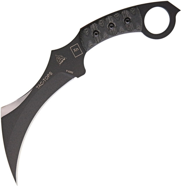 TOPS Knives Tac Tops Karambit Knife 11.25in Overall 7.13in Black Traction Coated 1095Hc Steel Blade Black Canvas Micarta Handle w/ Rocky Mountain
