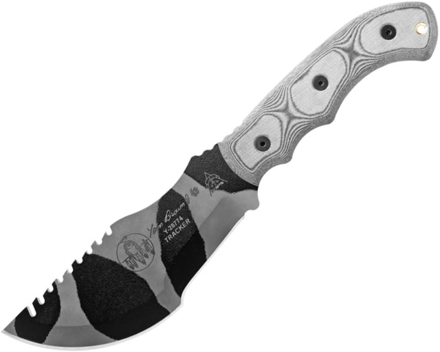 TOPS Knives Tom Brown Tracker Camo Knife 6.38" camo finish sawback 1095HC steel blade Black linen micarta handle - Tops Knives