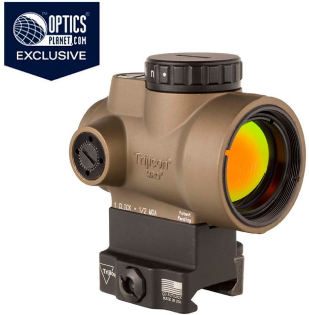 Trijicon OPMOD MRO 1x25mm Red Dot Sight 2 MOA Green Dot Reticle w/Full Co-Witness Levered Quick Release Mount AC32083 Angled Glass Coyote Brown - Opmod