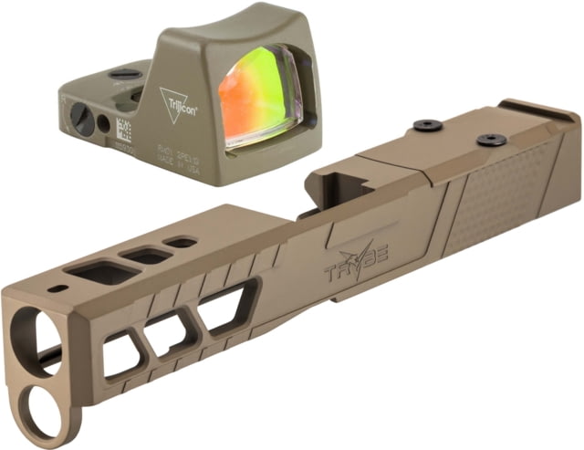 Trijicon RM01 RMR Type 2 LED 3.25 MOA Red Dot Sight Flat Dark Earth and TRYBE Defense Pistol Slide Glock 19 Gen 4 RMR Cut Version 2 FDE Cerakote
