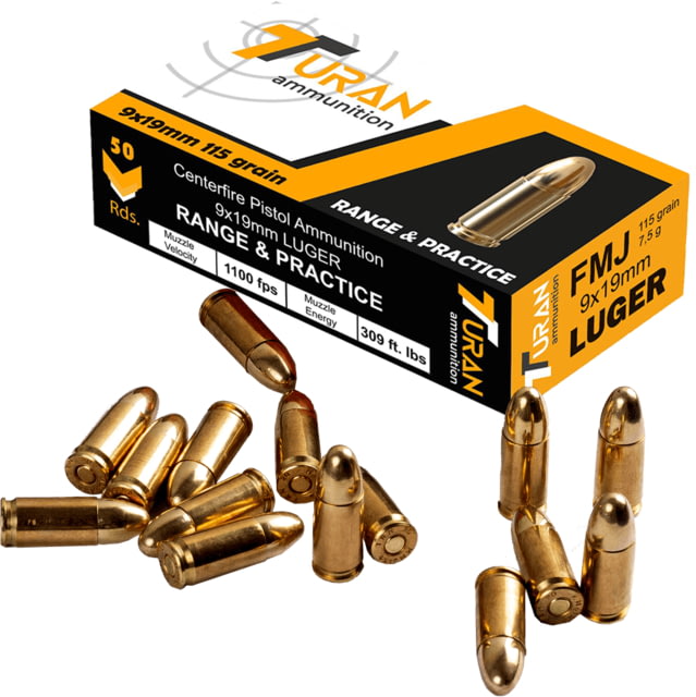 an 9mm Luger 115 Grain Full Metal Jacket FMJ Brass Cased Pistol 50 Round Ammo