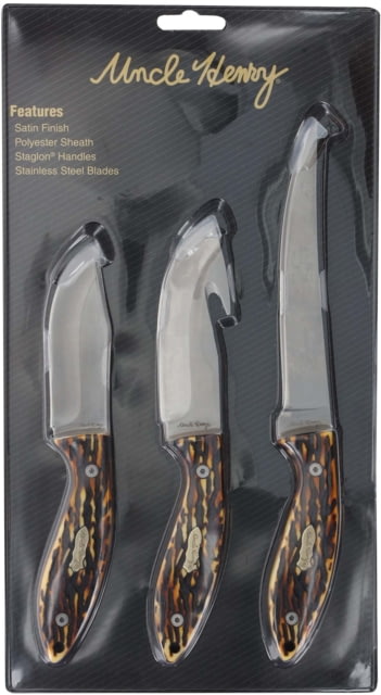 Uncle Henry Staglon 3 Knife Set w/Poly Sheath 4.5in/4in/3.5in Stainless Steel Fixed Blade Bone Staglon Handle - Uncle Henry