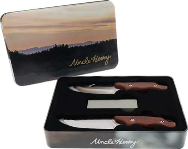 Uncle Henry Guthook & Drop Point Knife Set w/Tin 4in/3.75in Stainless Steel Fixed Blade Brown Pakka Wood Handle - Uncle Henry