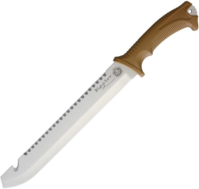 United Cutlery Columbian Raptor Machete Knife 18in Overall 12in Satin 3Cr13 SS Guthook Blade Tan ABS Handle Sawback Blade Black Nylon Sheath - United Cutlery