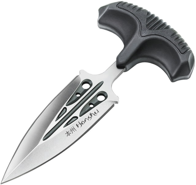 United Cutlery Honshu Large Push Dagger 5.88in Overall 3.38in Satin Double Edge 7Cr17Mov SS Dagger Blade Black Tpr Handle Black Leather Sheath