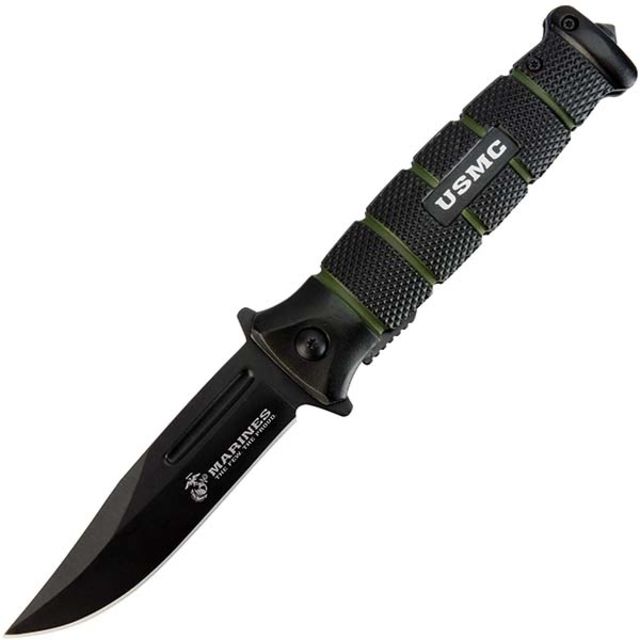 United Cutlery USMC Combat Folding Knife3.5in Black/Green Handle Black Plain w/Clip - United Cutlery
