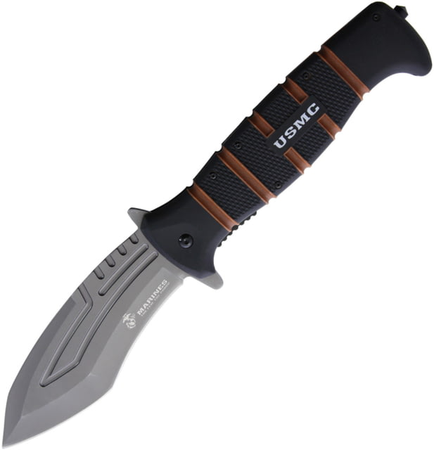 United Cutlery USMC Maximum Linerlock Folding Knife 5.75" gray titanium coated stainless blade Black and tan textured TPR handle - United Cutlery