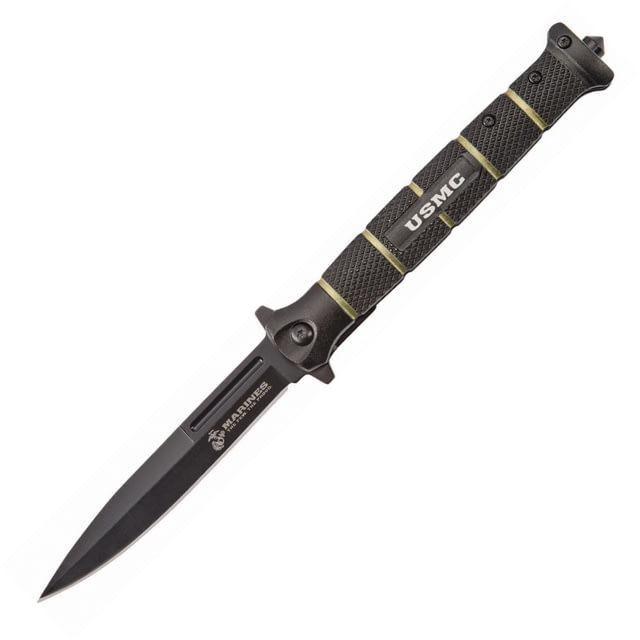 United Cutlery USMC Stiletto Linerlock Folding Knife 5.13in Closed 4in Black 420 SS Spear Point Blade Black/Green Checkered Aluminum Handle Pocket - United Cutlery