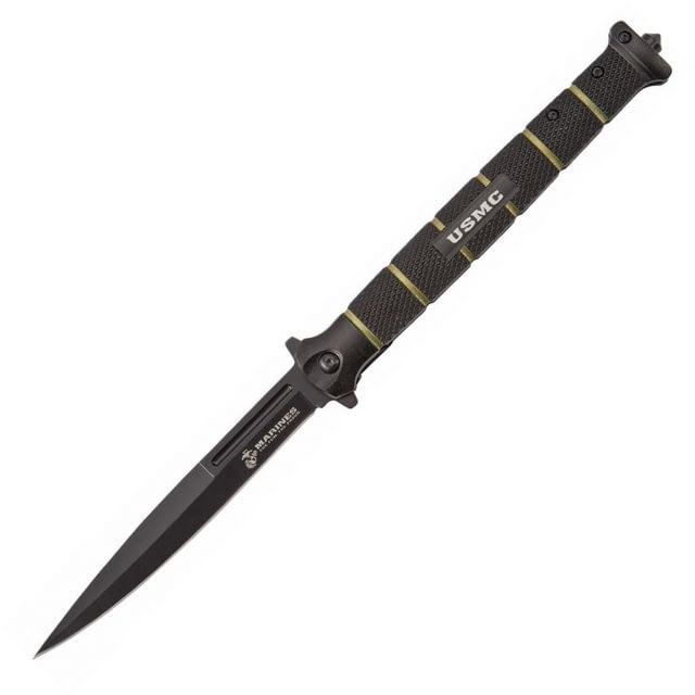 United Cutlery USMC Stiletto Linerlock Folding Knife 6.25in Closed 5in Black 420 SS Spear Point Blade Black/Green Checkered Aluminum Handle Glass - United Cutlery