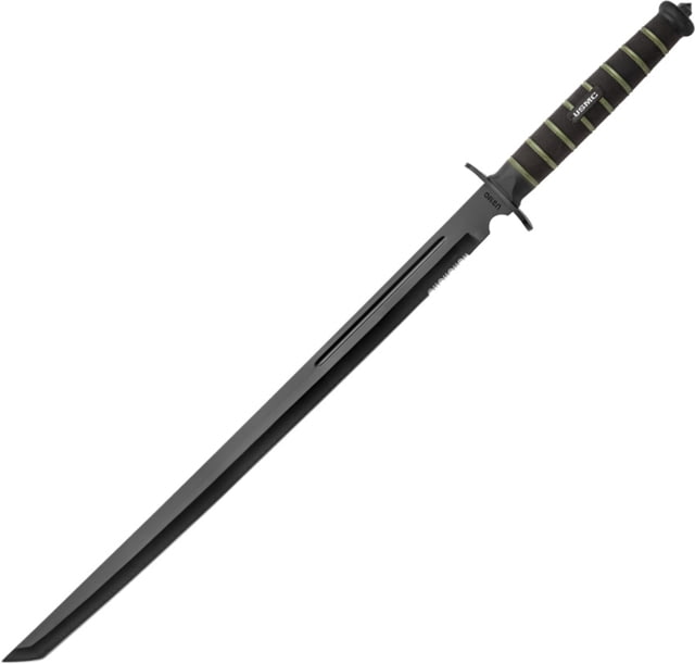 United Cutlery USMCout Combat Sword 27.5in Overall 19.75in Black Aus-6 SS Tanto Blade Black/Green Rubberized Handle Glass Breaker Black Nylon Sheath - United Cutlery