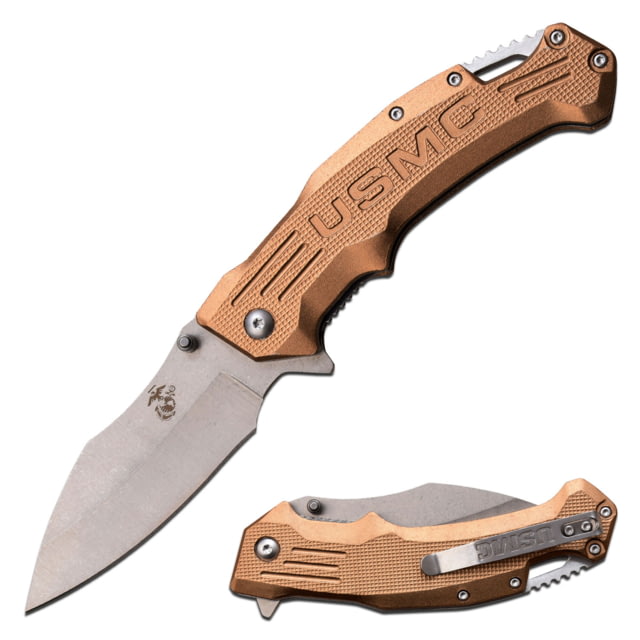 USMC Drop Point Spring Assisted Knife w/Pocket Clip 3.5 in 3Cr13 Stainless Steel Stainless Steel Tan - Usmc