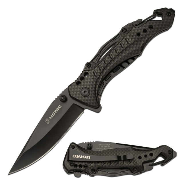 USMC Drop Point Spring Assisted Knife w/Pocket Clip and Bottle Opener 3.5 in 3Cr13 Stainless Steel Stainless Steel Carbon Fiber Pattern - Usmc