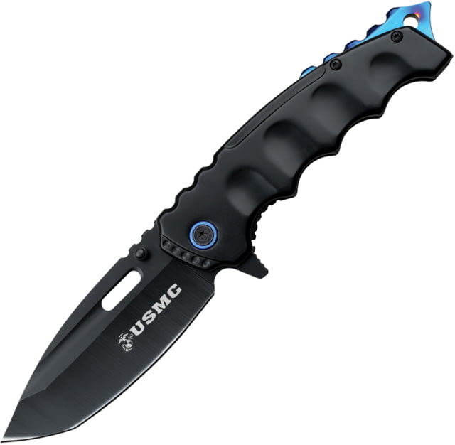 USMC Blue A/O Folding Knife 5in Closed 3.5in Black Finish Stainless Tanto Blade Black Stainless Steel Handle - Usmc