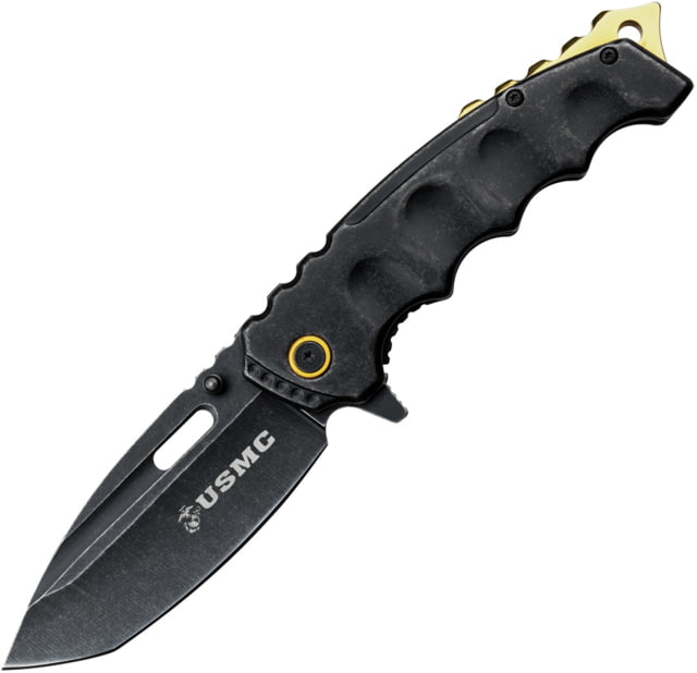 USMC Gold A/O Folding Knife 5in Closed 3.5in Black Finish Stainless Steel Blade Black Stainless Steel Handle - Usmc