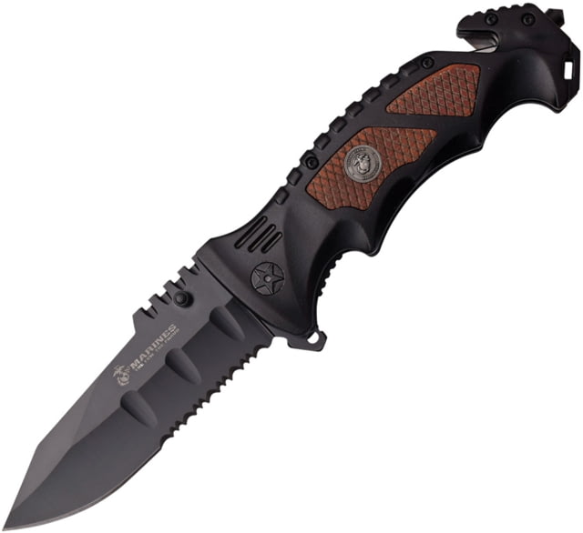 USMC Linerlock A/O Folding Knife 5.25in Closed 4in Black Partially Serrated SS Drop Point Black Aluminum Handle Brown Checked Pakkawood Handle Inserts - Usmc