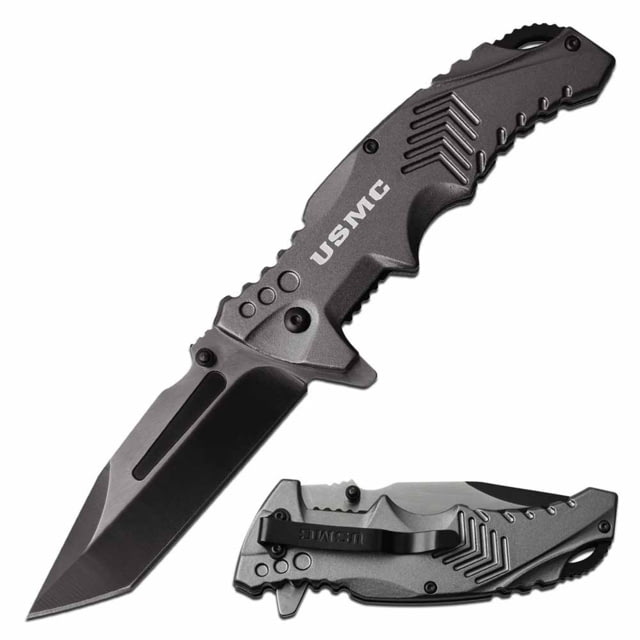 USMC  Spring Assisted Knife 3.5in 3CR13 Stainless Steel Tanto Black/Steel Blade Aluminum Handle Gray - Usmc