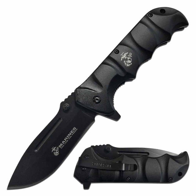 USMC  Spring Assisted Knife 3.75in 3CR13 Stainless Steel Drop Point Black Blade Aluminum Handle Black - Usmc