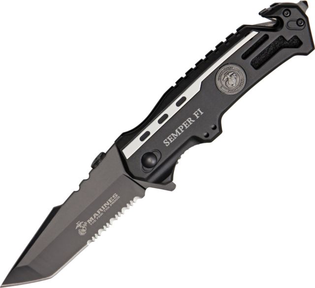 USMC Marines Rescue Linerlock black finish stainless partially serated tanto blade U - Usmc