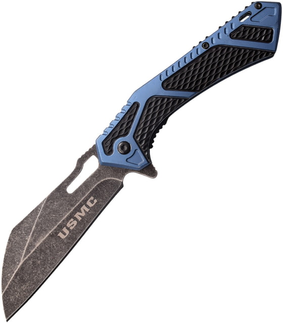 USMC USMC Linerlock A/O Folding Knife 4" black stonewash finish stainless blade Black and blue rubberized aluminum handle - Usmc