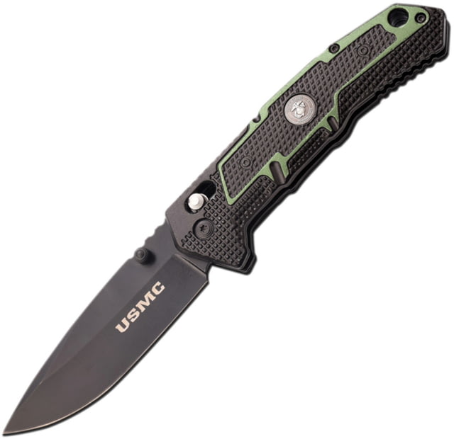 USMC USMC Rapid Lock Green Folding Knife 3.75" black finish 3Cr13 stainless blade Black and green textured aluminum handle - Usmc