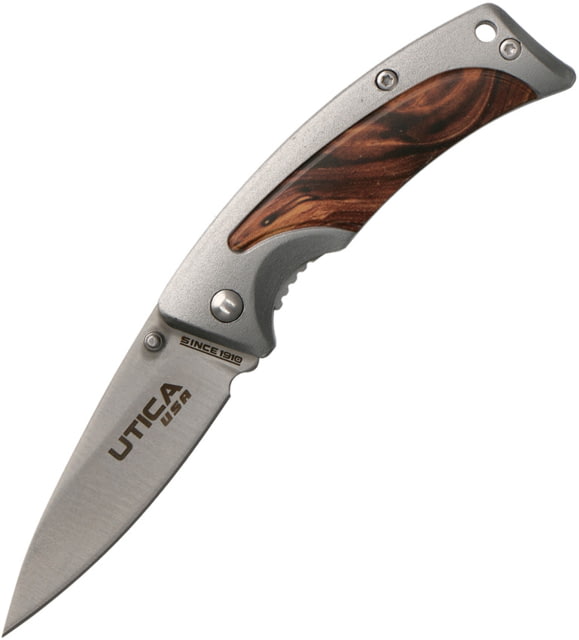 Utica Back Hill I Linerlock Folding Knife 2.5" satin finish 8Cr13MoV stainless blade Gray aluminum handle with brown synthetic insert - Utica