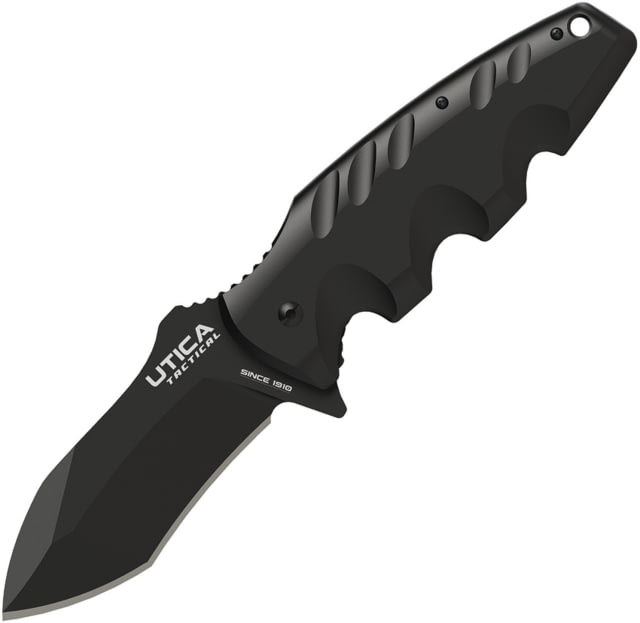 Utica Burlyman Linerlock Folding Knife 3.63" black oxide coated 8Cr13MoV stainless blade Black finger grooved G10 handle - Utica
