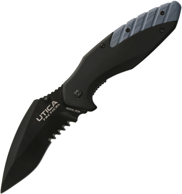 Utica Dark Sky I Linerlock Folding Knife 3.5" black oxide coated partially serrated 8Cr13Mo Black aluminum handle with Blue G10 insert - Utica