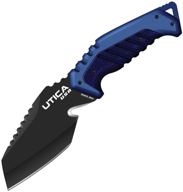 Utica Fishtail Fixed Blade Knife 5.13" black oxide coated sawback 8Cr13MoV stainles Black and blue polymer handle - Utica