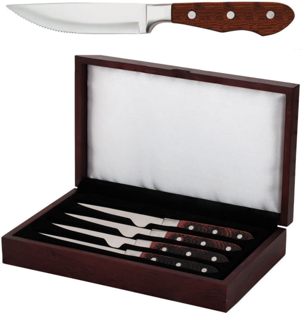 Utica Hunter Steak Knife Set 5" partially serrated stainless blade Black and red Delrin handle - Utica