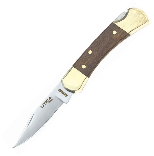 Utica Original Lockback Folding Knife 2.75" satin finish stainless clip point blade Brown wood handle - Utica