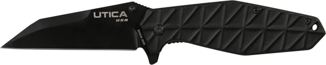 Utica React Linerlock Folding Knife 3.25" black oxide coated 8Cr13MoV stainless blade Black aluminum handle - Utica