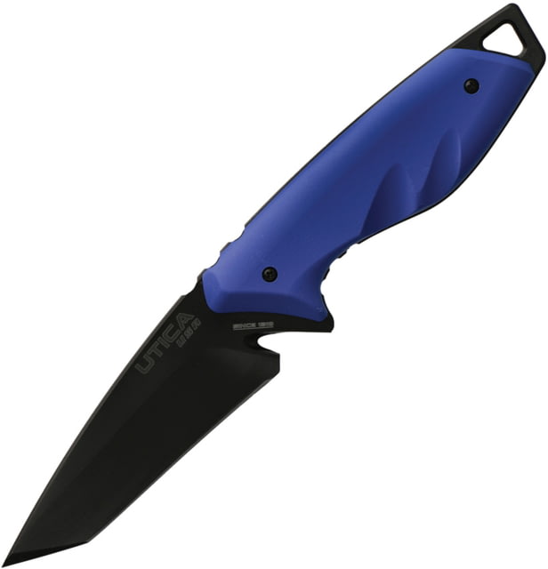 Utica Rescue III Fixed Blade Knife 4.13" black oxide coated 8Cr13MoV stainless tanto Blue rubberized ABS handle - Utica