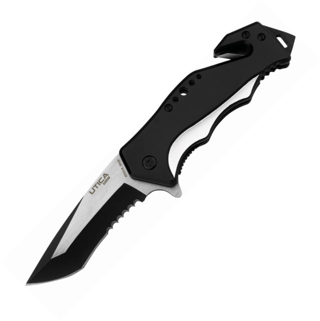 Utica Rescue Series Linerlock Folding Knife 3" two-tone finish partially serrated stainless ta Black and silver aluminum handle - Utica