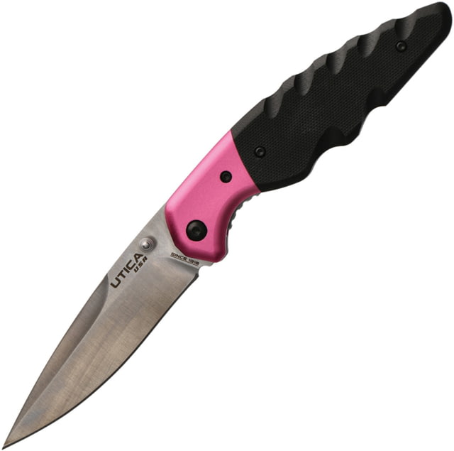 Utica Smoky Canyon III Linerlock Folding Knife 3.5" satin finish 8Cr13MoV stainless blade Pink anodized aluminum and black G10 handle - Utica