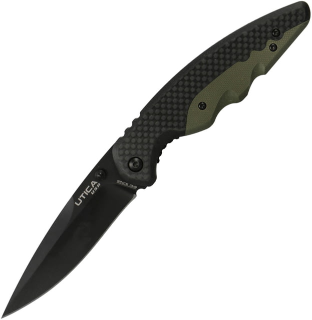 Utica Smoky Canyon V Linerlock Folding Knife 3.5" black oxide coated 8Cr13MoV stainless blade OD green G10 handle with carbon fiber inlay - Utica