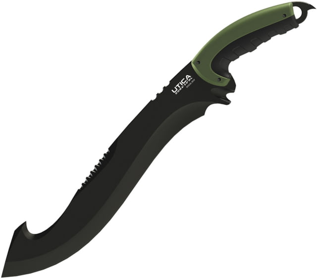 Utica Timber Tamer II Machete 12" black oxide coated 8Cr13MoV stainless guthook Black and OD green synthetic handle - Utica