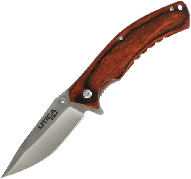 Utica Woodsman Linerlock Folding Knife 3.13" satin finish 8Cr13MoV stainless blade Brown wood handle - Utica